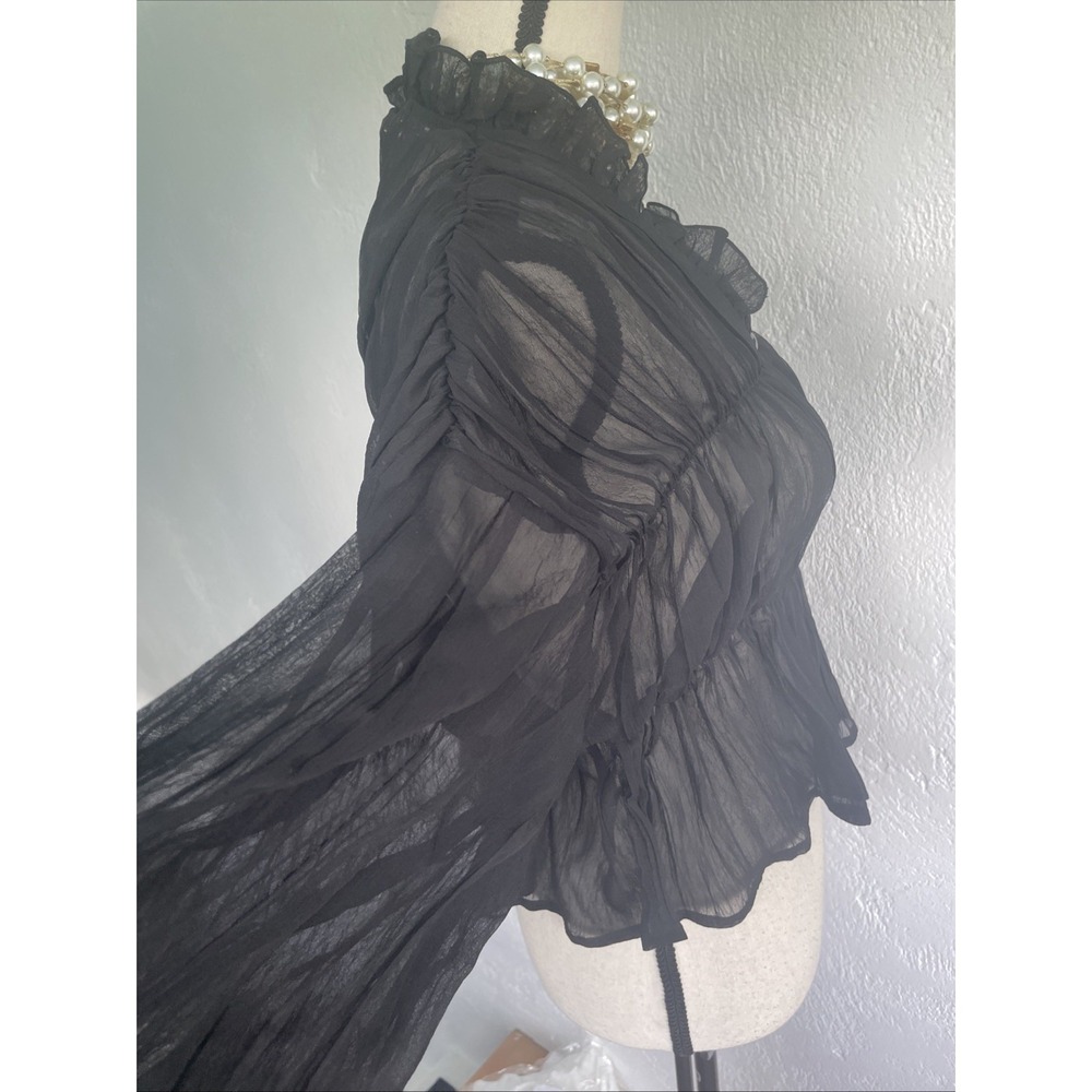 Commence NWT Bell With Ruffle Sleeve Black Chiffon Sheer Boho Blouse Size M - Picture 4 of 10